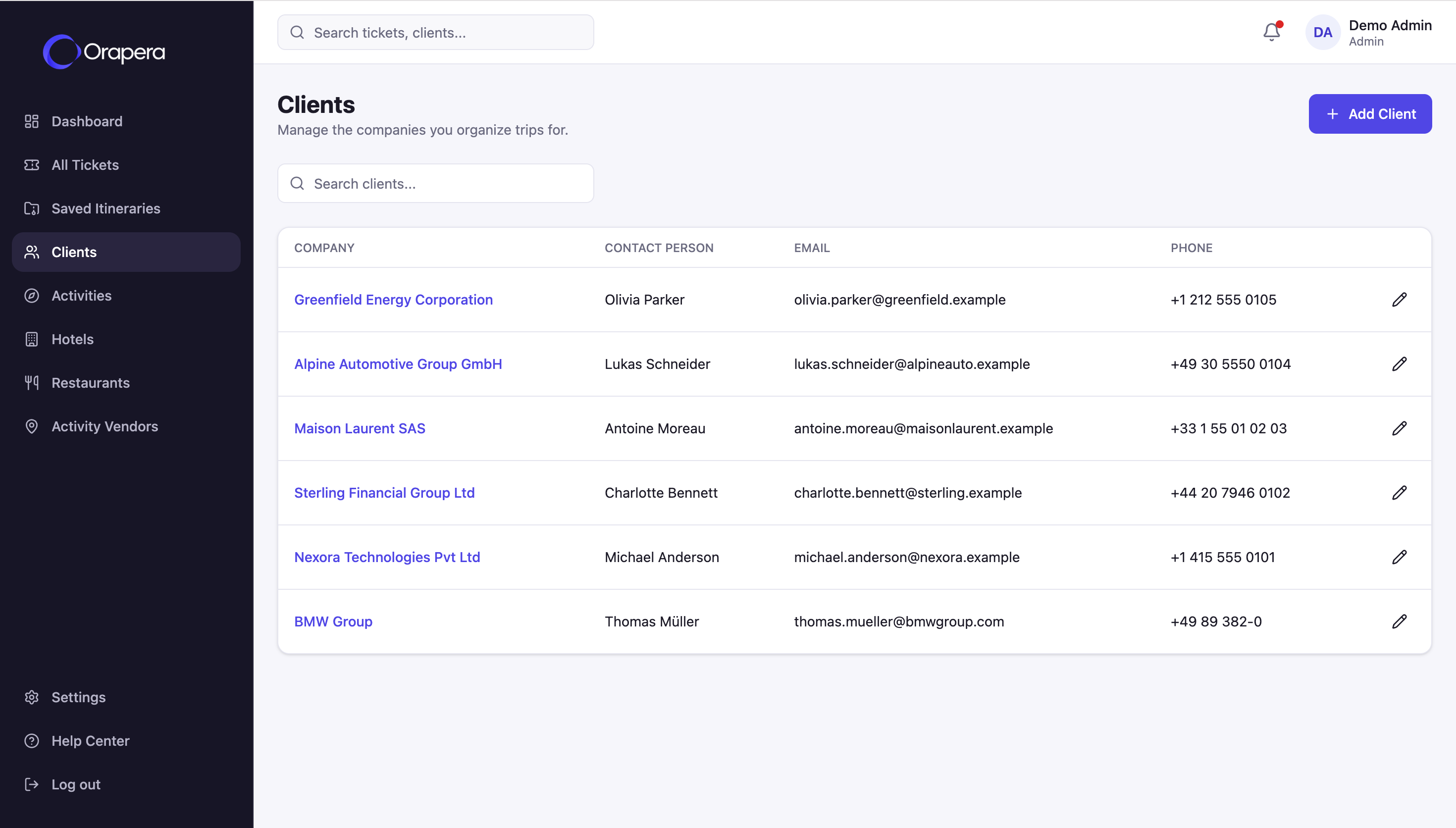Orapera Clients interface showing managed travel companies