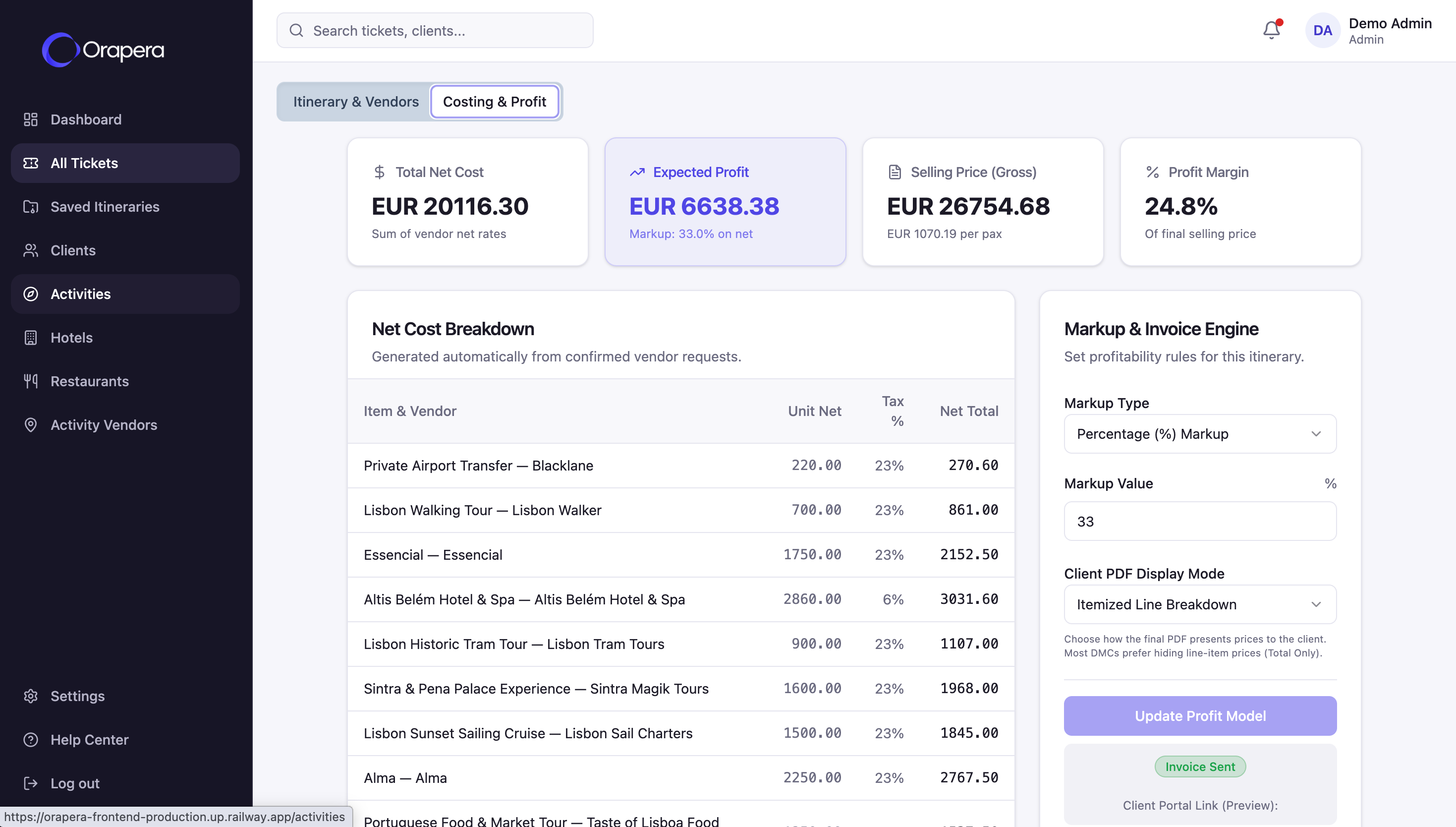 Orapera Costing & Profit engine for DMCs