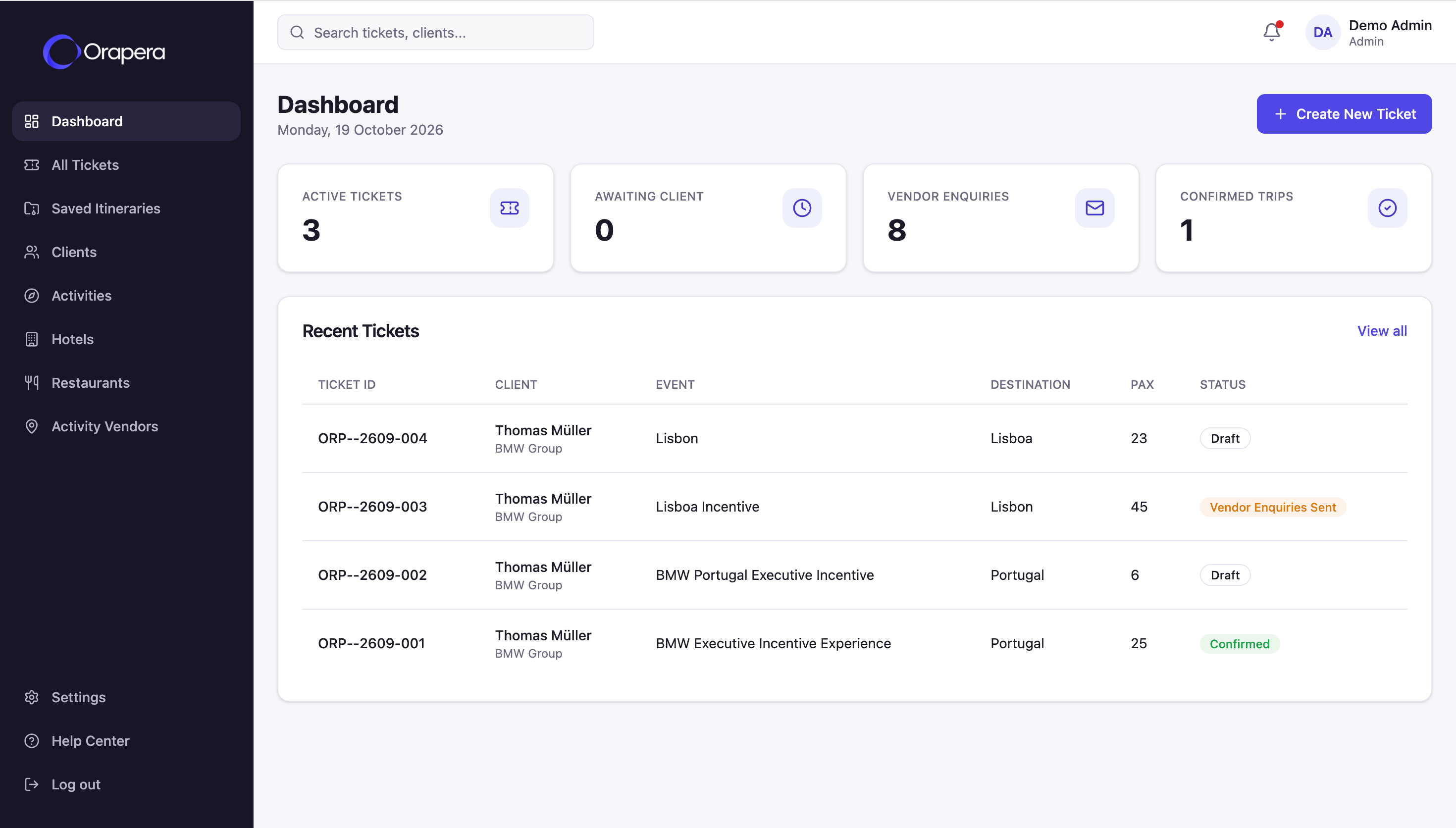 Orapera dashboard and trip management interface