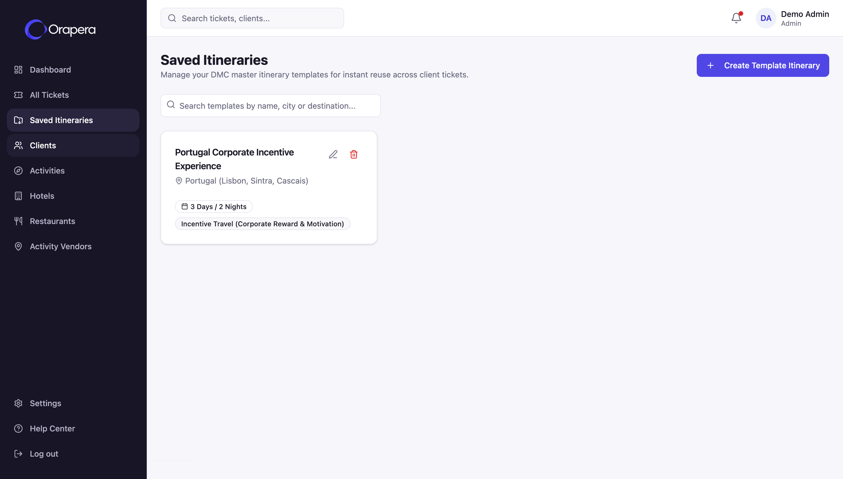 Orapera Saved Itineraries master template interface