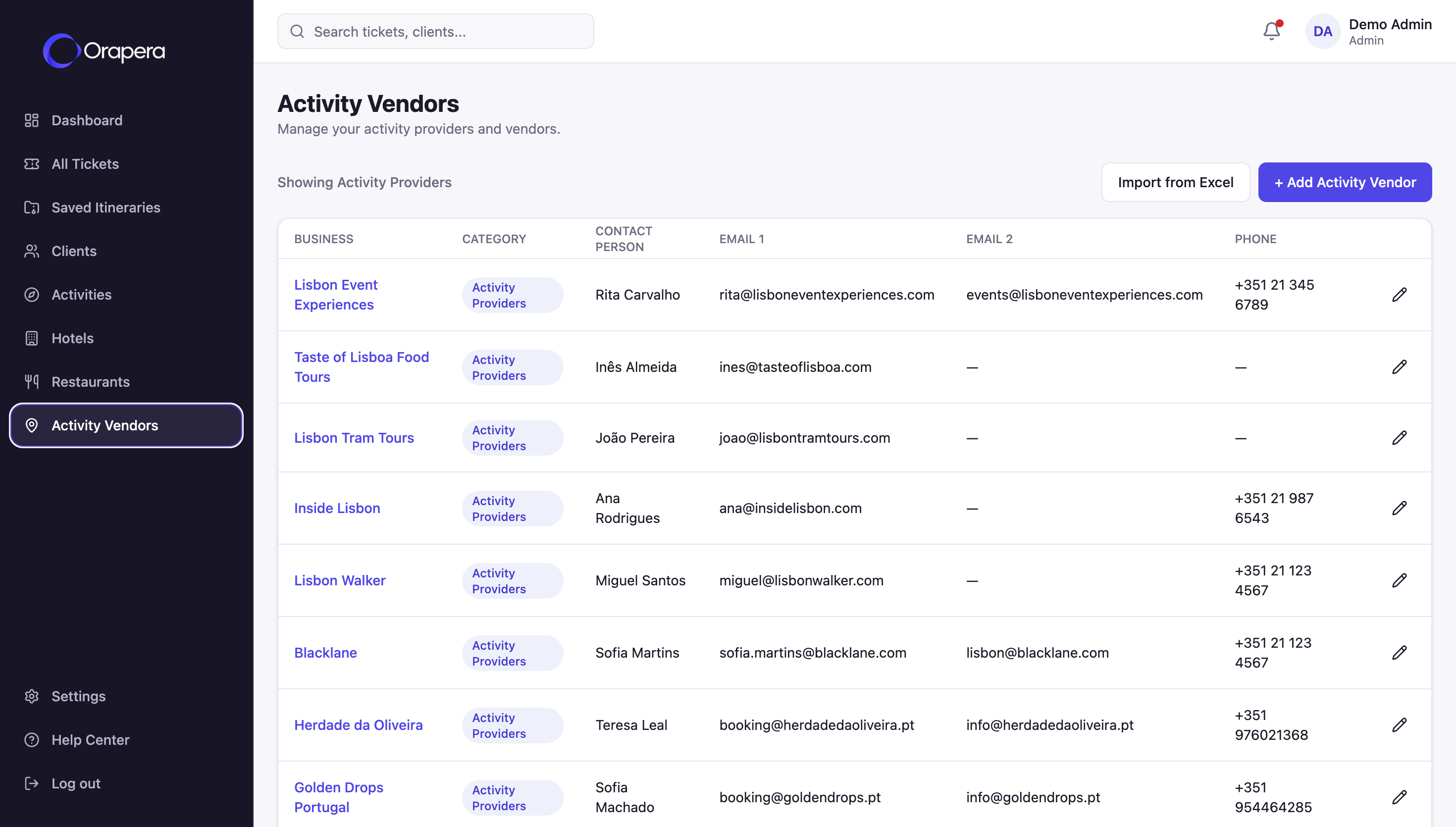 Orapera Activity Vendors directory
